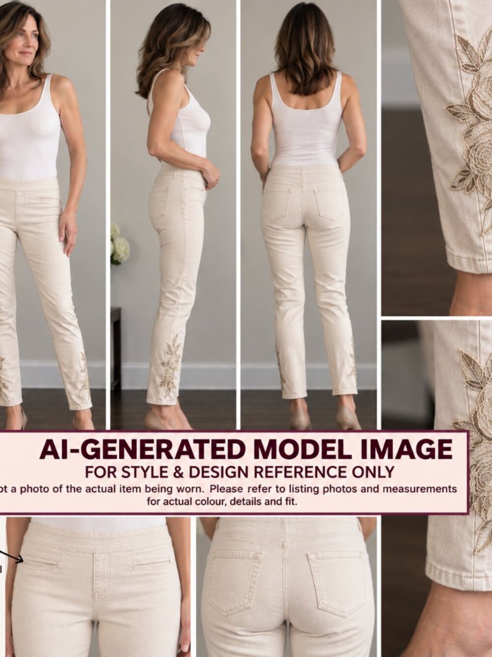 Cream Embroidered Women's Jeans in Petite